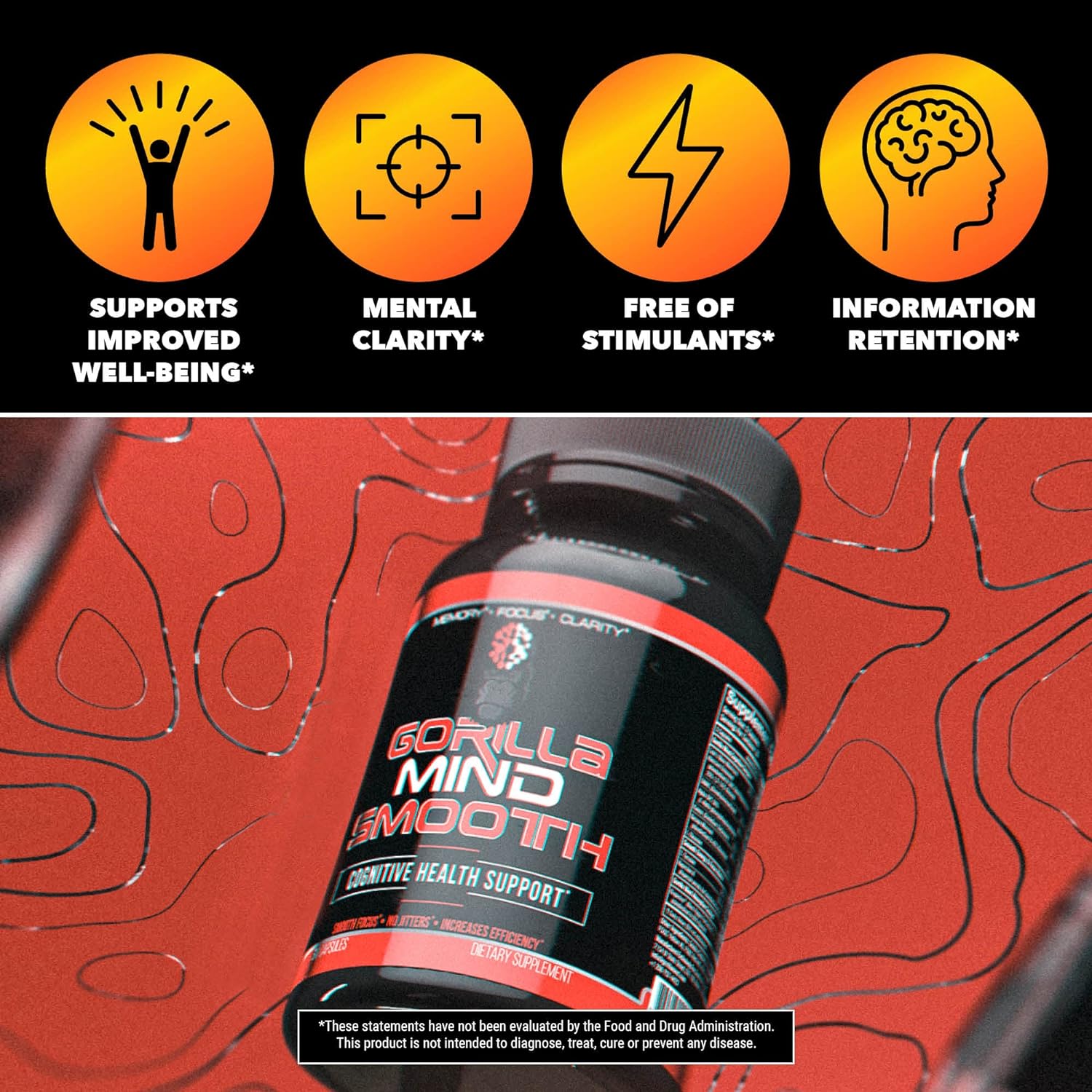 Gorilla Mind Smooth Nootropic Formula - Best Non-Stimulant Productivity Supplement/Memory · Focus · Mental Clarity · No Jitters / 90 Capsules : Health & Household