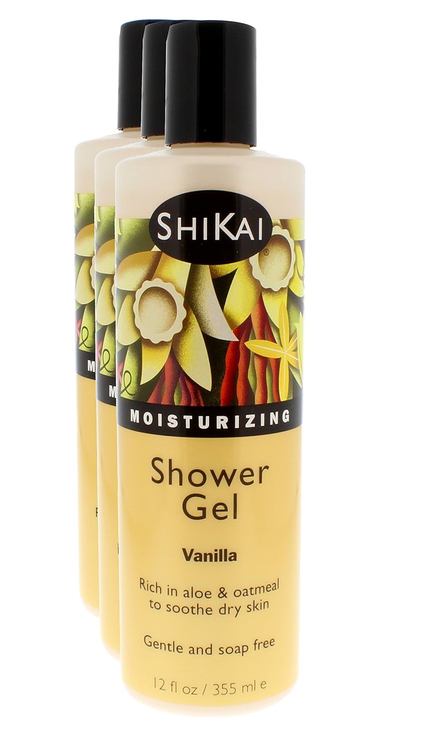 ShiKai Daily Moisturizing Shower Gel (Vanilla, 12oz, Pack of 3) | Gentle Formula | Aloe Vera & Oatmeal for Soft, Healthy Skin | Dry Skin Relief