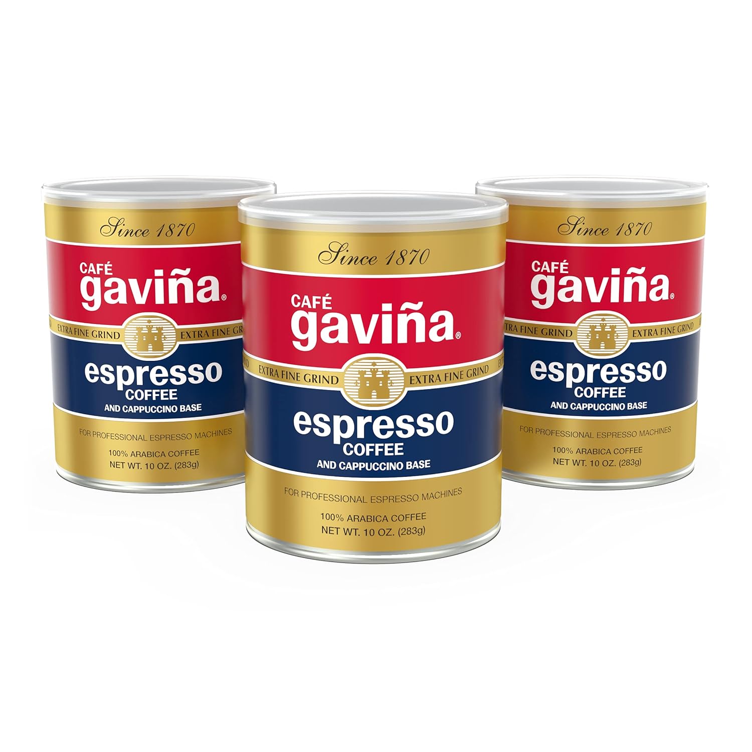 Café Gaviña Espresso Extra Fine Ground Coffee, 100% Arabica Dark Roast, Low Acidity, Chocolate Notes, 3 Pack (10 Oz Cans), Zero-Waste Facility, South & Central American Blend