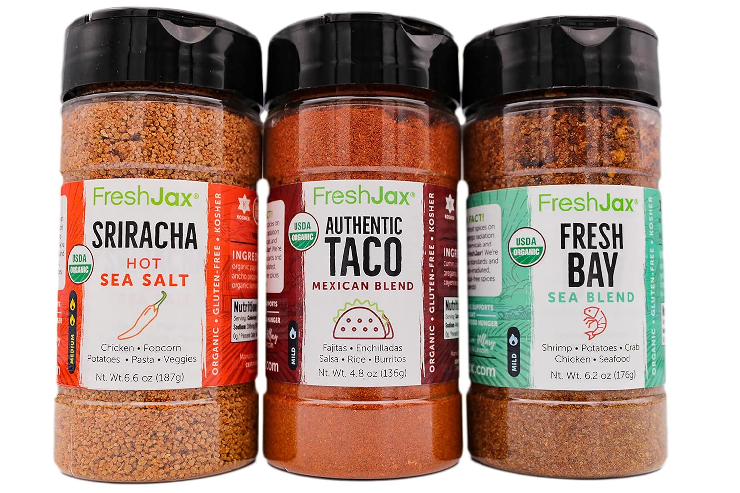 FreshJax Organic Seafood Seasoning Gift Set | 3 Large Bottles | Sriracha Salt, Taco Seasoning and Fresh Bay | Handcrafted in Jacksonville | Grilling Spice Gift Sets