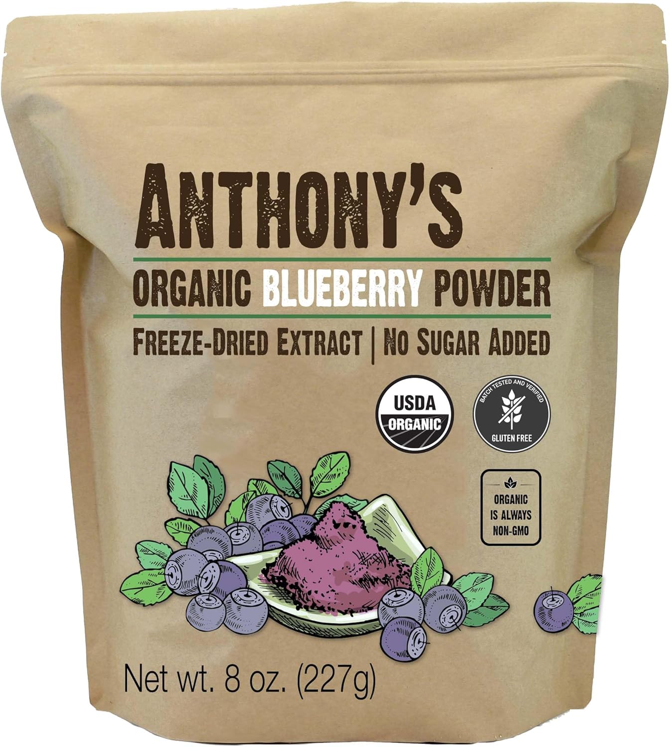 Anthony's Organic Blueberry Powder, 8 oz, Freeze Dried, Gluten Free, Non GMO
