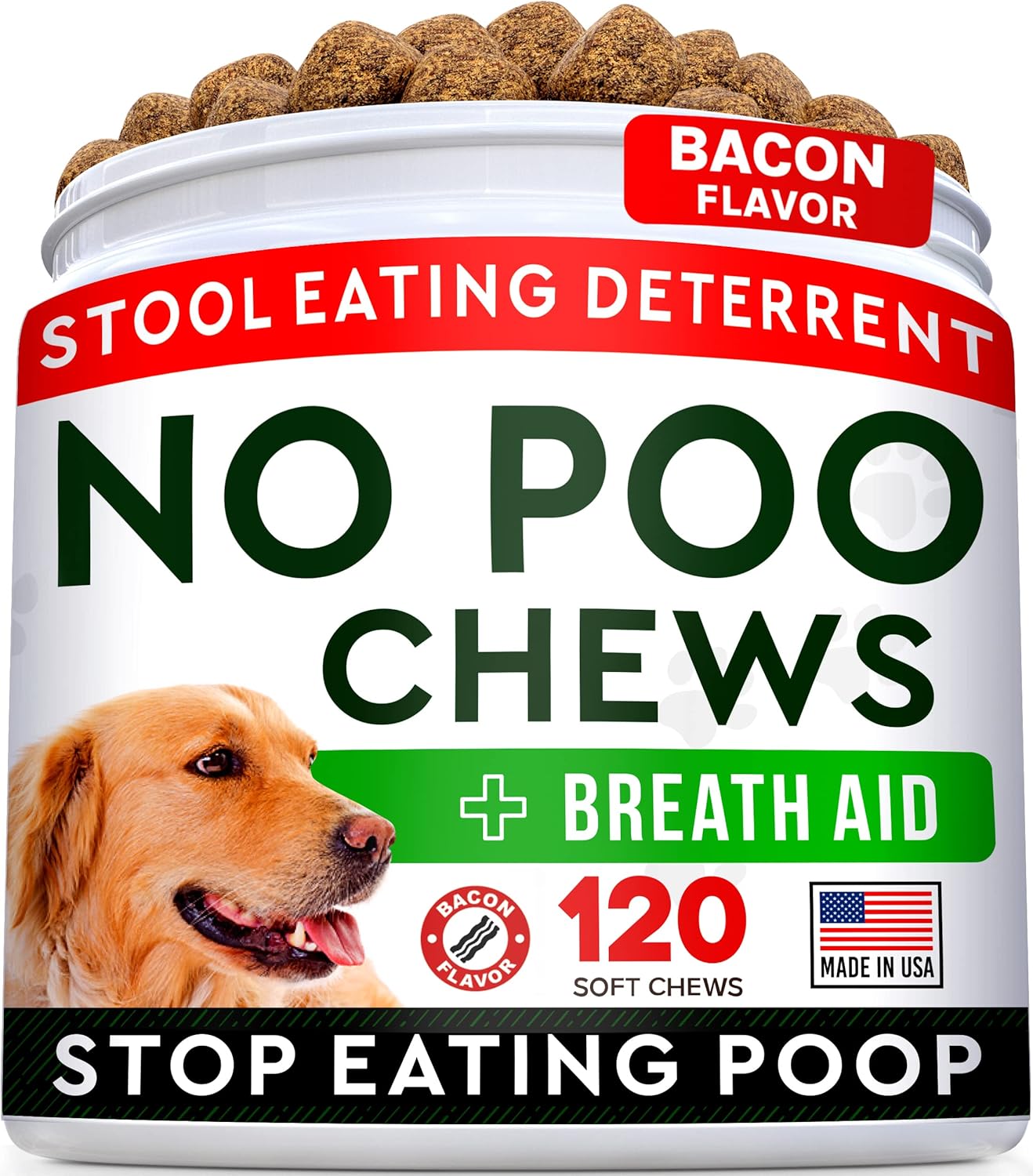 Strellalab No Poo Treats For Dogs - Coprophagia Stool Eating Deterrent - Digestive Enzymes - Gut Health & Immune Support - Stop Eating Poop - Bacon Flavor 120 Chews