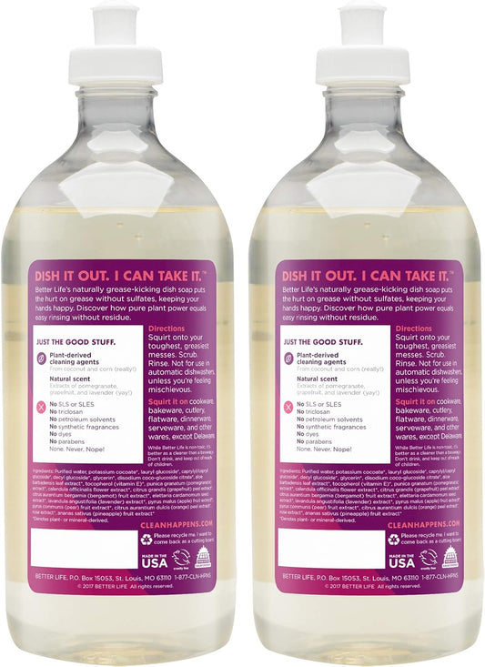 Better Life Dish Soap - Liquid Dishwashing Soap With Vitamin E And Aloe For Home & Kitchen Sink - No Gloves Required Kitchen Soap For Sensitive Skin - 22Oz (Pack Of 2) Pomegranate