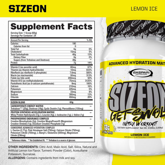 Gaspari Nutrition Sizeon, The Ultimate Hybrid Intra-Workout Amino Acid & Creatine Formula, Increased Muscle Volume & Muscle Recovery (3.59 Pounds, Lemon Ice)
