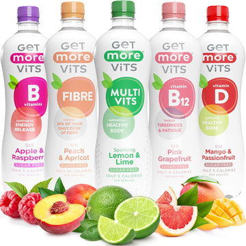 Get More Vits Vitamin Drinks Starter Pack Sharing Bundle - Low Calorie, Sugar Free, With Vitamin D, C, B Vitamins & Fibre - Pack Of 12 1 Litre Bottles, 5 Flavours