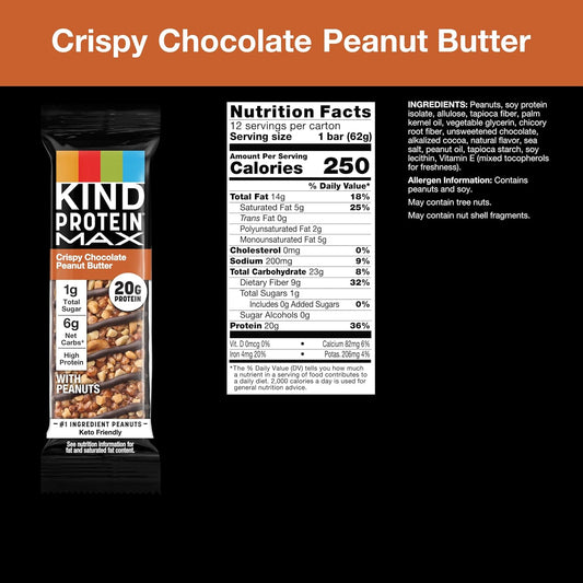 Kind Protein Max Crispy Chocolate Peanut Butter Snack Bars, 20G Of Protein, Keto Friendly, 1G Of Sugar Per Bar, Gluten Free, 12 Count Box