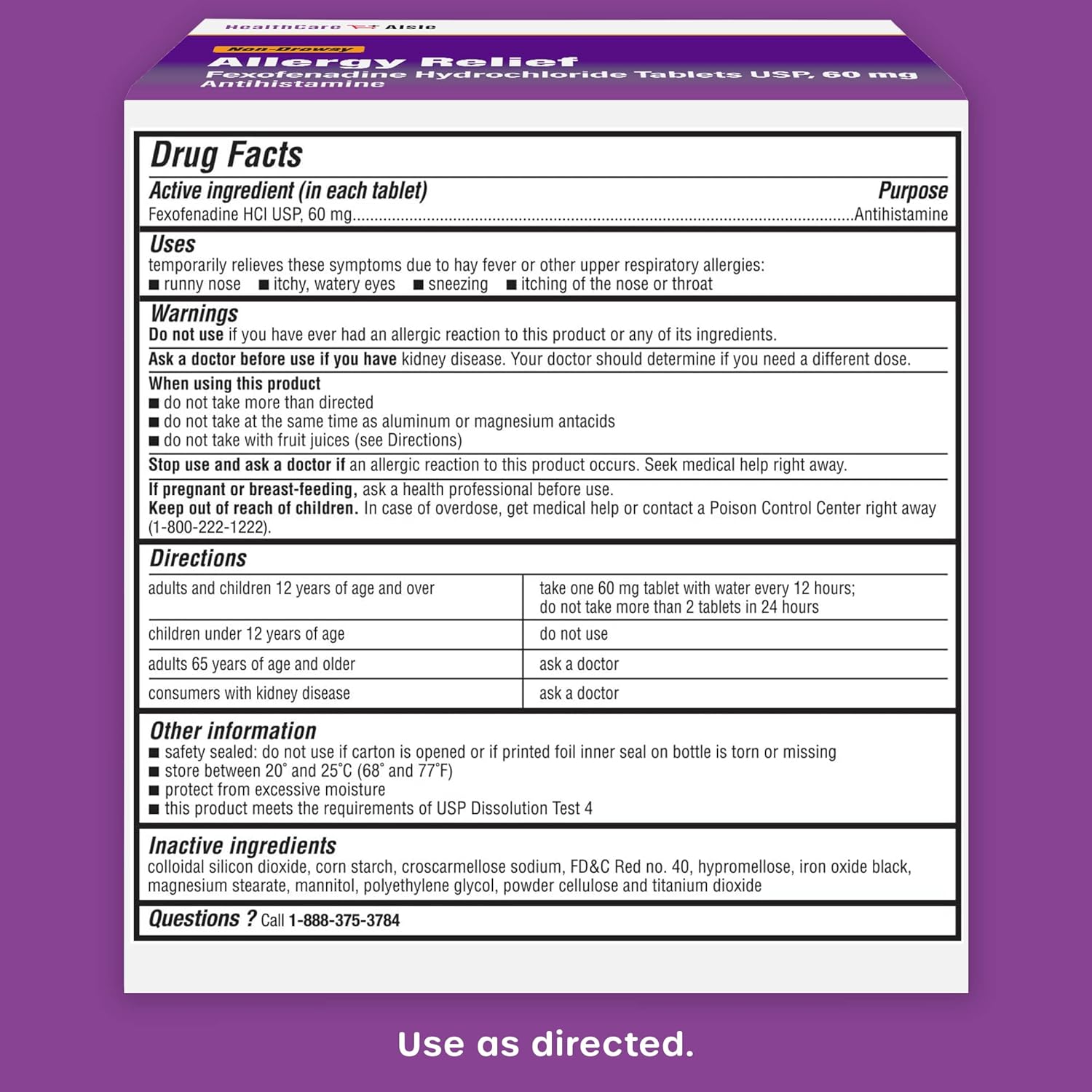 Healthcareaisle Allergy Relief - Fexofenadine Hydrochloride Tablets Usp, 60 Mg - 100 Tablets - Non-Drowsy Antihistamine, 12-Hour Allergy Medicine