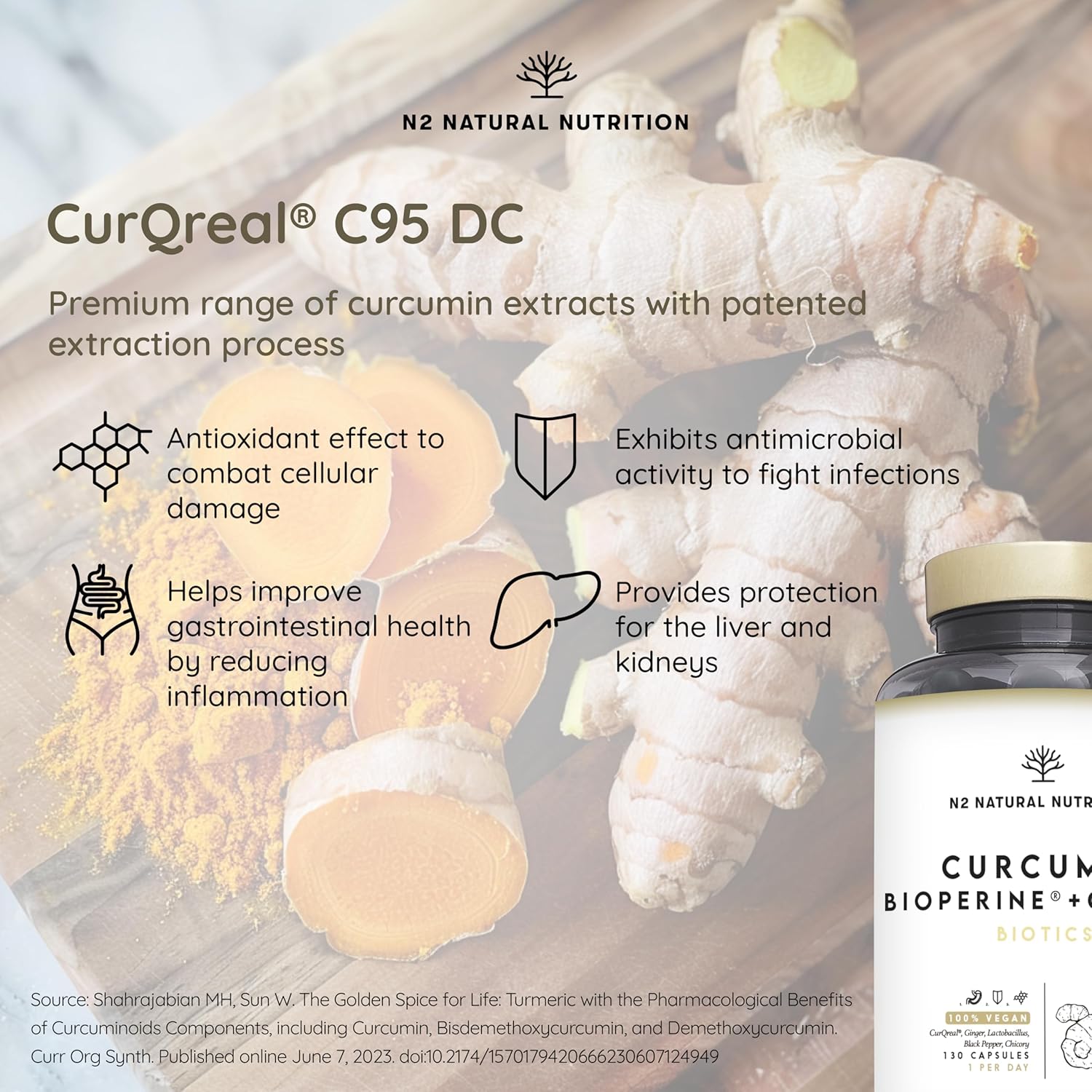 Turmeric 10.000 mg Curcumin 95% with Black Pepper Bioperine®, Probiotics 2 Billion UFC & Ginger, 130 Days of CurQreal®, Prebiotics, Anti-inflamatory, Antioxidant, N2 Natural Nutrition : Amazon.co.uk: Health & Personal Care