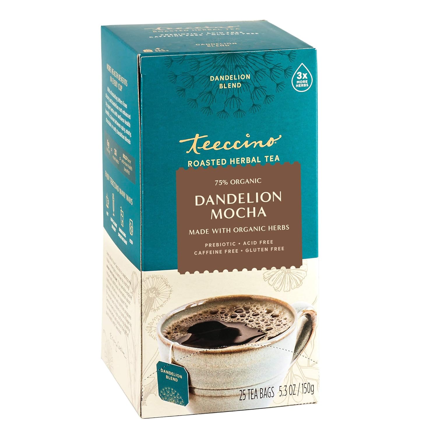 Teeccino Dandelion Herbal Tea - Mocha - Caffeine Free, Prebiotic, Gluten Free, 3X More Herbs - 25 Tea Bags