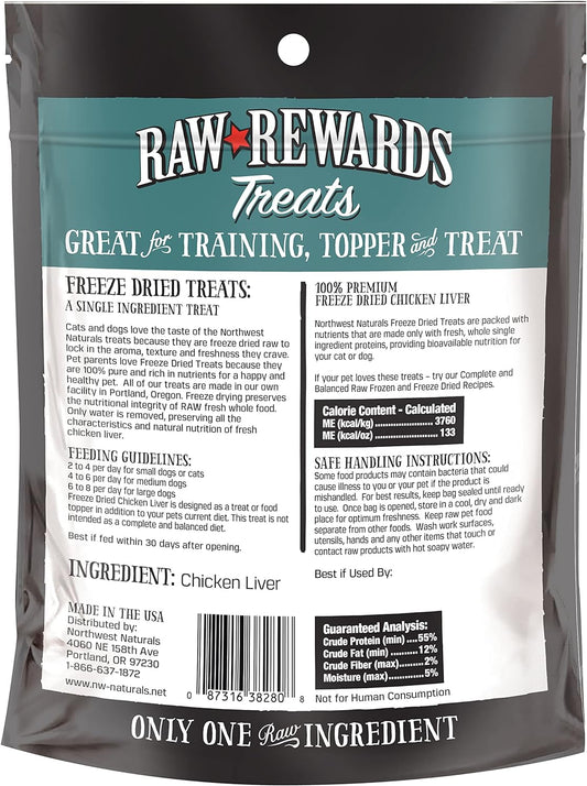 Northwest Naturals Raw Rewards Freeze-Dried Chicken Liver Treats for Dogs and Cats - Bite-Sized Pieces - Healthy, 1 Ingredient, Human Grade Pet Food, Natural - 3 Oz (Pack of 3) (Packaging May Vary)