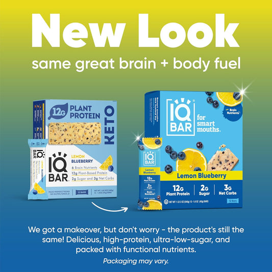 Iqbar Brain And Body Plant Protein Bars - Lemon Blueberry - 24 Count, Low Carb, High Fiber, Gluten Free, Healthy Vegan Snacks - Low Sugar Keto Bar