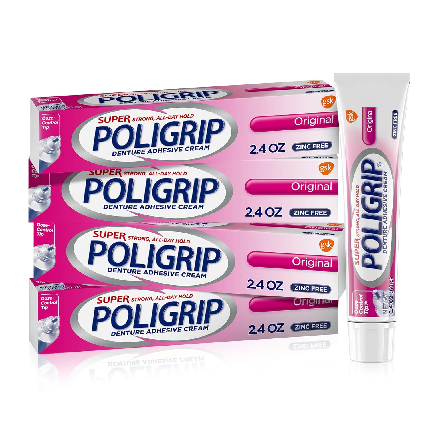 Super Poligrip Original Denture Adhesive Cream, Zinc Free Denture Cream For Dentures - 2.4 Ounces (Pack Of 4)