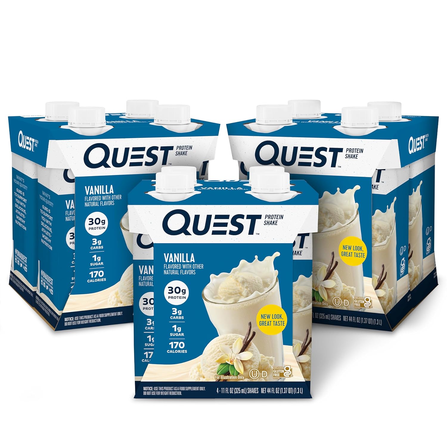 Quest Nutrition Ready To Drink Vanilla Protein Shake, 30G Protein, 3G Net Carbs, Gluten Free, Keto Friendly, 11 Fl.Oz 4 Count (Pack Of 3)