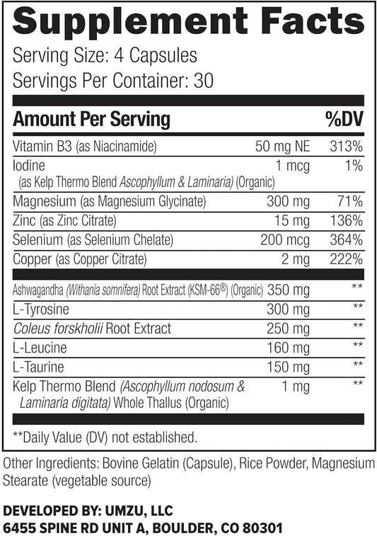 Umzu Thyrite Thyroid Support Supplement | Magnesium, Zinc, Copper, Iodine & Selenium | Healthy Metabolism, Sustained Energy & Weight Management | Thyroid Complex Aid (30 Day Supply | 120 Capsules)