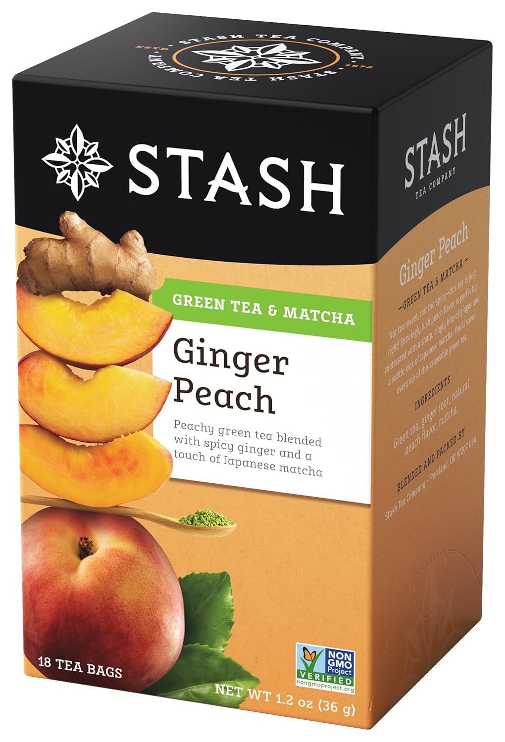 Stash Tea Ginger Peach Green Tea - Caffeinated, Non-Gmo Project Verified Premium Tea With No Artificial Ingredients, 18 Count (Pack Of 6) - 108 Bags Total