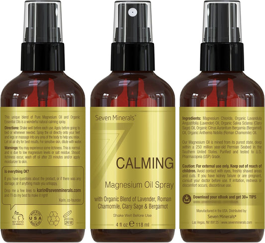 Seven Minerals Calming Magnesium Spray | 100 Percent Natural Essential Oils Blend - Made In Usa (Lavender, Roman Chamomile, Clary Sage, And Bergamot) || Ebook Included (New)