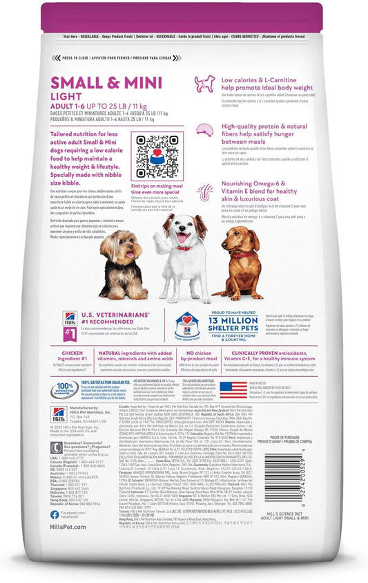 Hill's Science Diet Light , Adult 1-6, Small & Mini Breeds Weight Management Support, Dry Dog Food, Chicken & Barley, 4.5 lb Bag