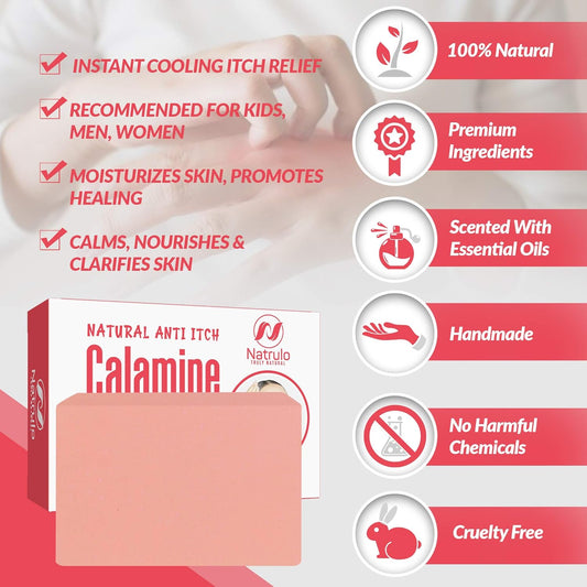 Natural Fast Acting Itch Relief Soap Bar - Calming Calamine Soap For Itchy Skin, Insect Bite, Eczema, Ivy Rash, Chicken Pox - Pure Raw Anti-Itch Defense Cleansing Skincare - Made In Usa