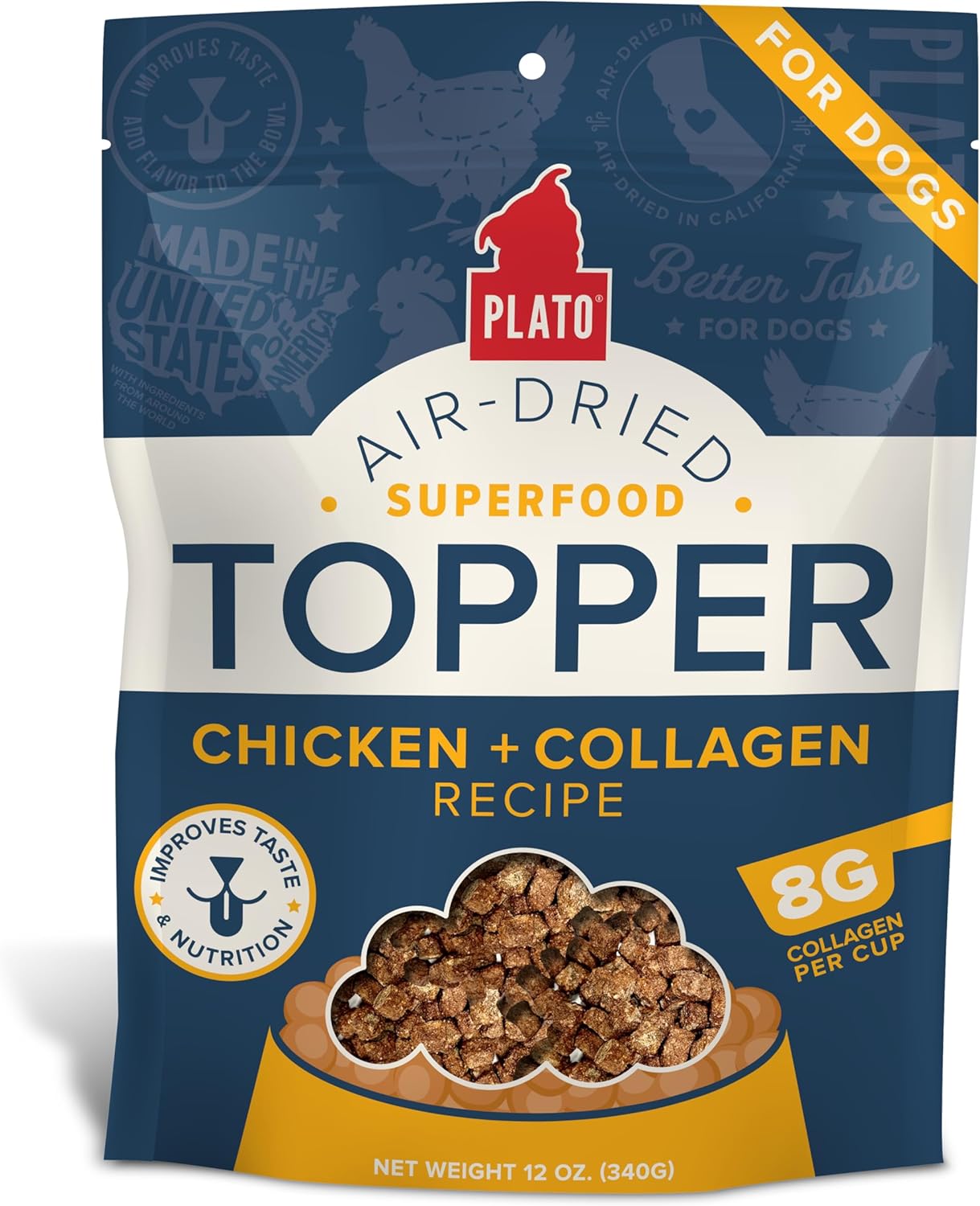 Plato Pet Treats Air Dried Dog Food Topper, Chicken And Collagen Recipe, Superfood, Grain Free, Made In The Usa, 5.5Oz