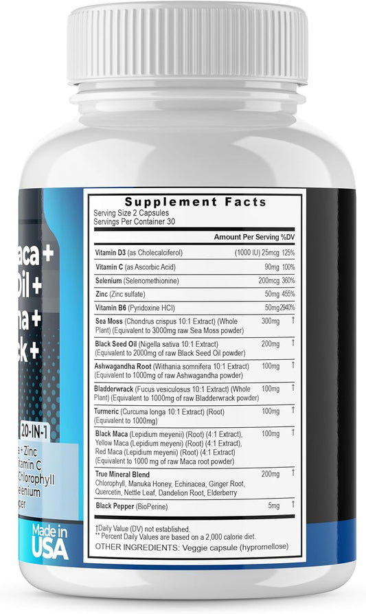 Sea Moss 3000Mg Maca 1000Mg Black Seed Oil 2000Mg Ashwagandha 1000Mg Bladderwrack, Turmeric - Manuka, Elderberry, Vitamins C & D3, Chlorophyll, Zinc, Black Pepper - Made In Usa (60 Count (Pack Of 1)