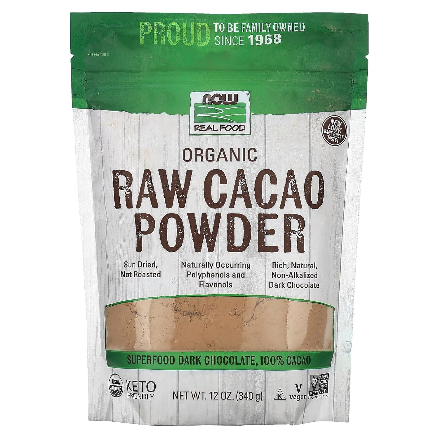 Now Foods, Organic Raw Cacao Powder, With Polyphenols And Flavonols, Sun-Dried, Intensely Rich Flavor, 12-Ounce (Packaging May Vary)