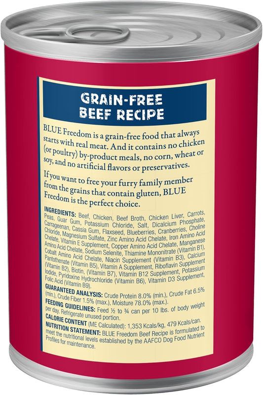 Blue Buffalo Freedom Grain-Free Wet Dog Food, Free Of Glutens & Artificial Preservatives, Made With Natural Ingredients, Beef Recipe, 12.5-Oz. Cans (12 Count)