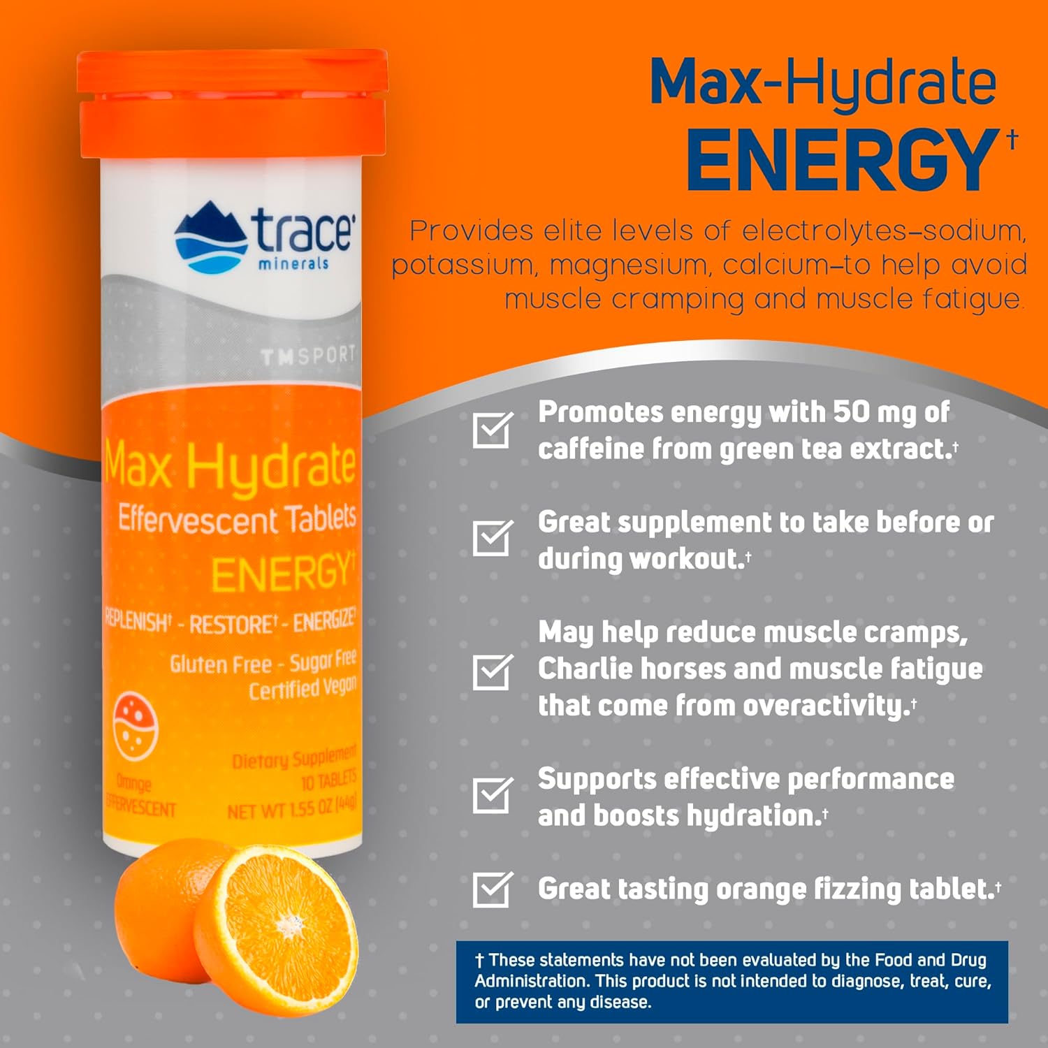 Trace Minerals | Max-Hydrate Endurance | Effervescent Tablets | Energy Support | Replenishes Electrolytes & Helps Avoid Muscle Cramps and Muscle Fatigue | Orange avor | 8 x 10 Tabs