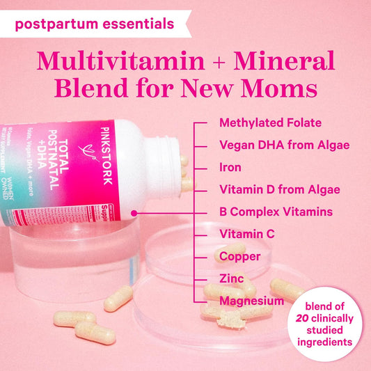 Pink Stork Total Postnatal Vitamins For Women With Vegan Dha, Iron, Folate, And Vitamin B12, Postpartum Recovery Essentials, Daily Supplement For Breastfeeding Moms - 1 Month Supply