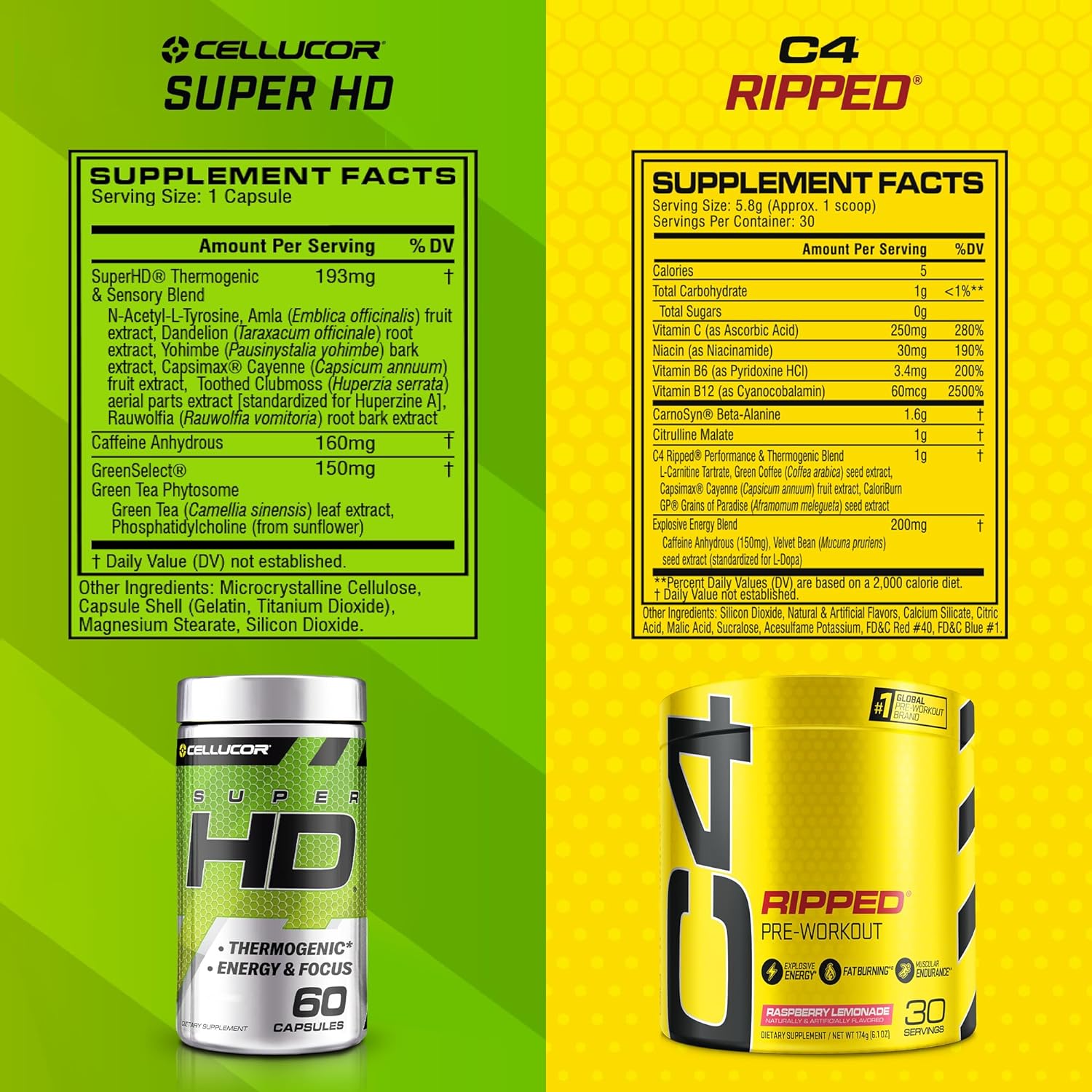 C4 Ripped & SuperHD, The Thermogenic Bundle, C4 Ripped Pre Workout Powder, Raspberry Lemonade 30 Servings + SuperHD with Capsimax and Green Tea Extract, 60 Servings : Health & Household