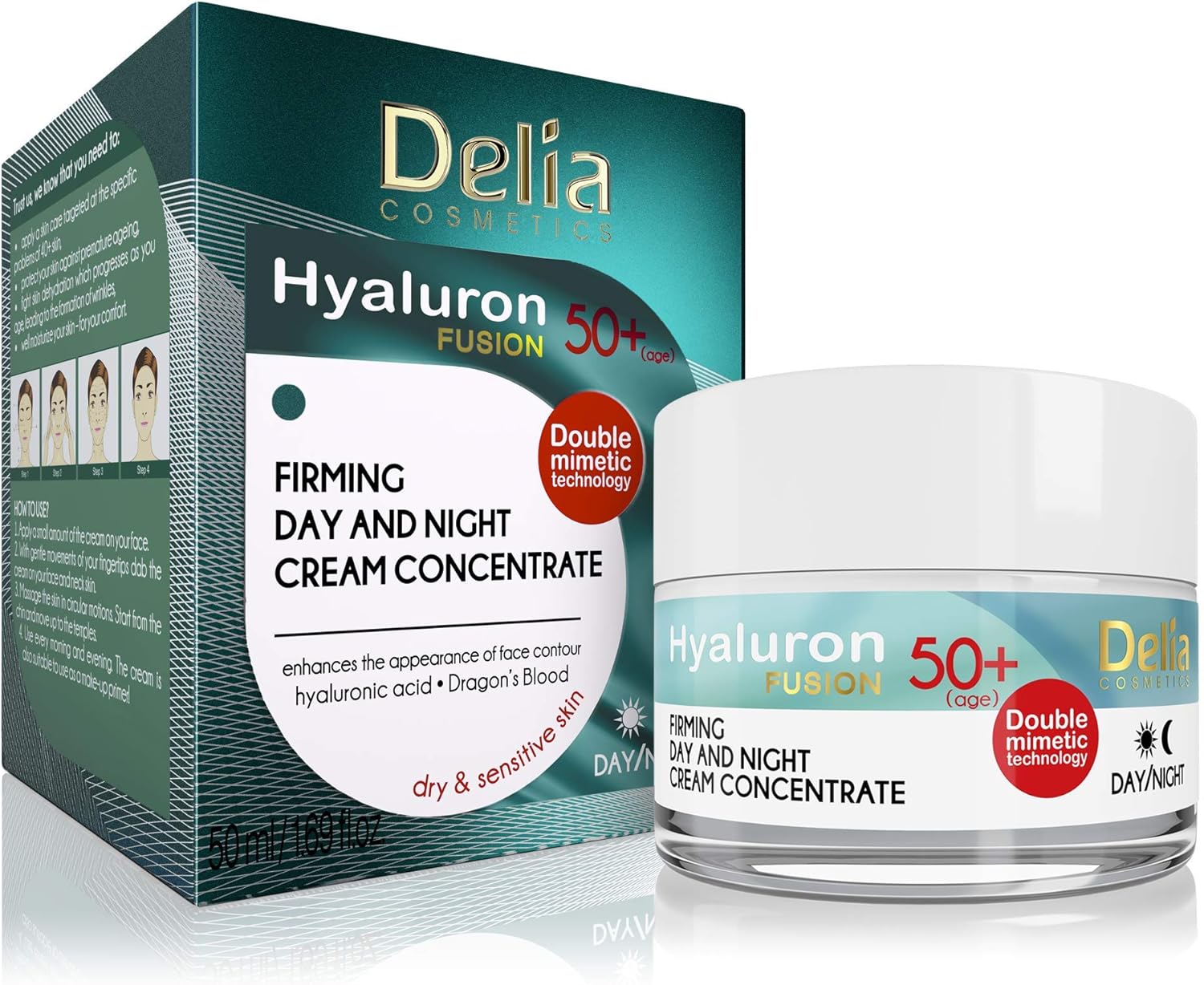 Delia - Hyaluron Fusion - Day & Night Face Cream - Anti Wrinkle, Anti Aging, Lifting Concentrate - Verbena Extract - Contour, Elasticity, Firmness Improvement - (Age 50+) 50Ml