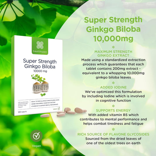 Healthspan Ginkgo 10,000 Cognitive Support (120 Tablets) | Maximum Strength Ginkgo Extract | Mental Function | Added Iodine & Vitamin B5 | Supports Energy | Vegan