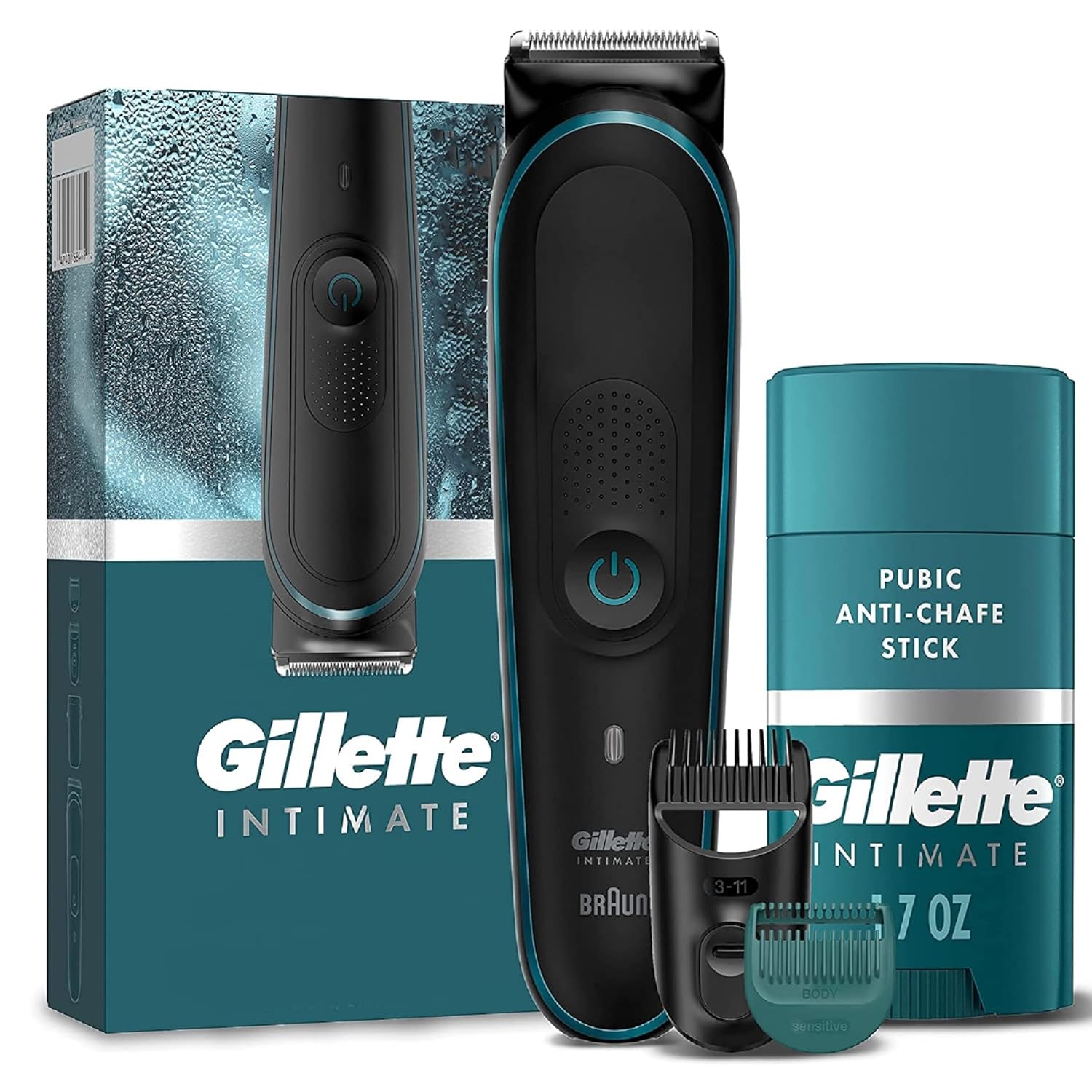 Gillette Men'S Pubic Trimmer, Skinfirst, Waterproof, Cordless, Wet/Dry Use, W/Intimate Pubic Anti-Chafe Stick, Reduces Rubbing & Irritation