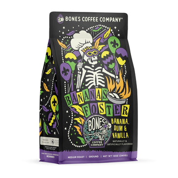 Bones Coffee Company Bananas Foster Flavored Coffee Beans, Medium Roast Ground Coffee Low Acid, Banana Rum & Vanilla Flavor (12 Oz)