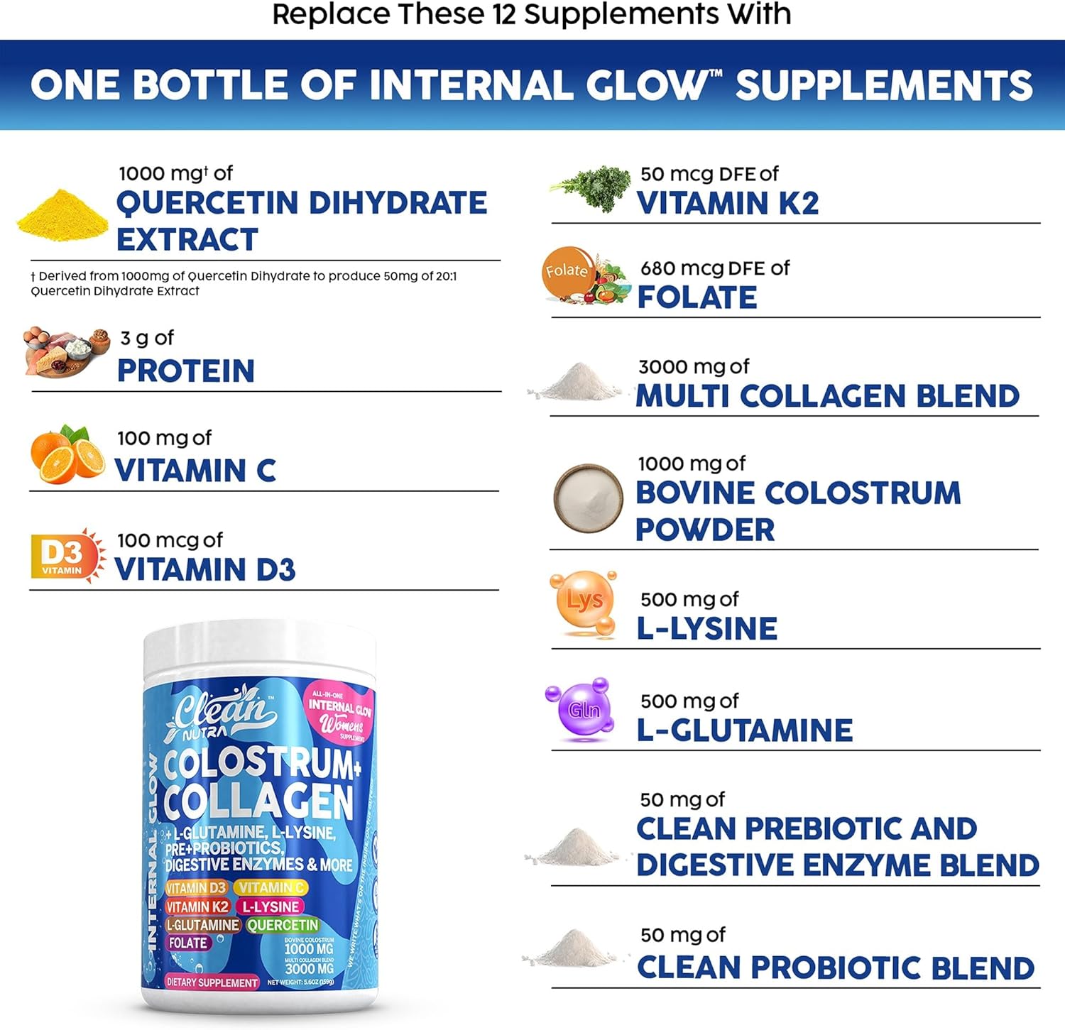 Bovine Colostrum+Collagen Peptides Powder| L-Glutamine L-Lysine Prebiotics Probiotics Digestive Enzymes Vitamin D K2 Vitamin C Quercetin & Folate|Gut Health Supplement Internal Glow By Clean Nutra (1) : Health & Household
