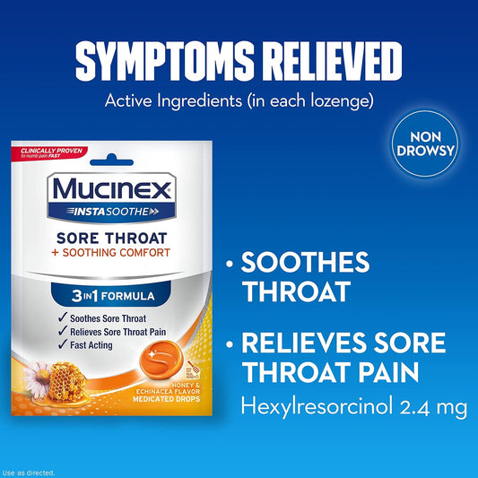 Mucinex Instasoothe Sore Throat + Soothing Comfort Honey & Echinacea Flavor, Fast Acting, Powerful Sore Throat Oral Pain Reliever, 40 Medicated Drops (Pack Of 2)