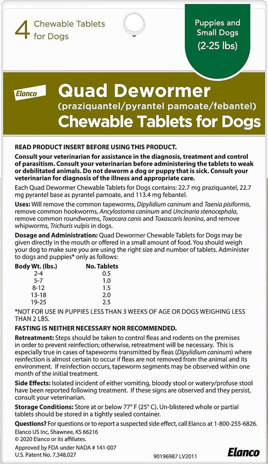 Elanco Chewable Quad Dewormer For Small Dogs, 2-25 Lbs, 4 Chewable Tablets, White