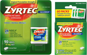 Zyrtec 24 Hour Allergy Relief Tablets, Indoor And Outdoor Allergy Medicine With 10 Mg Cetirizine Hcl Per Antihistamine Tablet, Value Pack, 90 Ct + 3 Ct Travel Packs