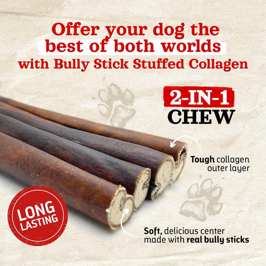Natural Farm Bully Sticks Stuffed Collagen Sticks For Dogs (6 Inch, 15-Pack), Rawhide-Free Collagen Sticks, Natural Dog Chews, Long Lasting, For Small, Medium And Large Dogs, Great Rawhide Alternative