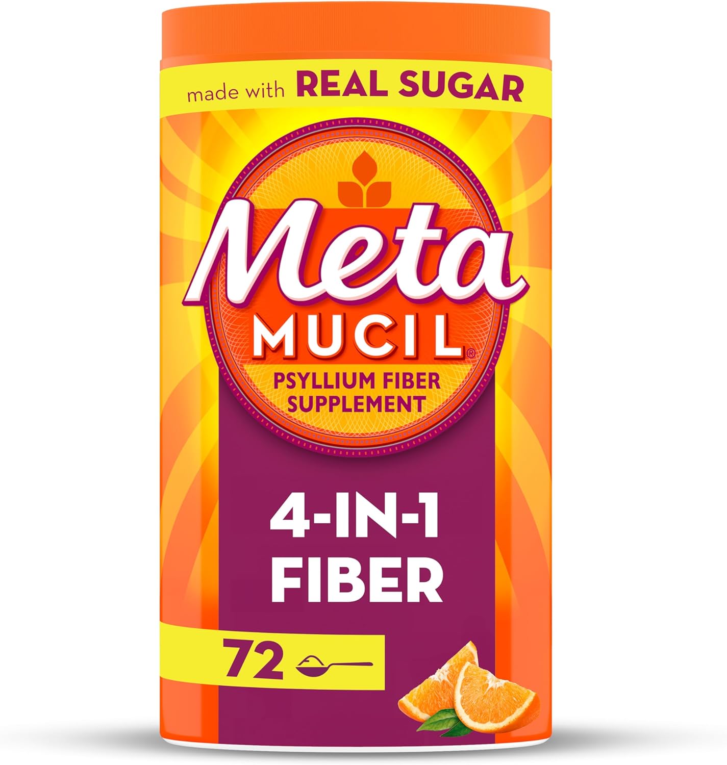 Metamucil Fiber, 4-in-1 Psyllium Fiber Supplement Powder with Real Sugar, Orange Smooth Flavored Drink, 72 Servings (Packaging May Vary), Coarse Texture, 1.9 Pound (Pack of 1)