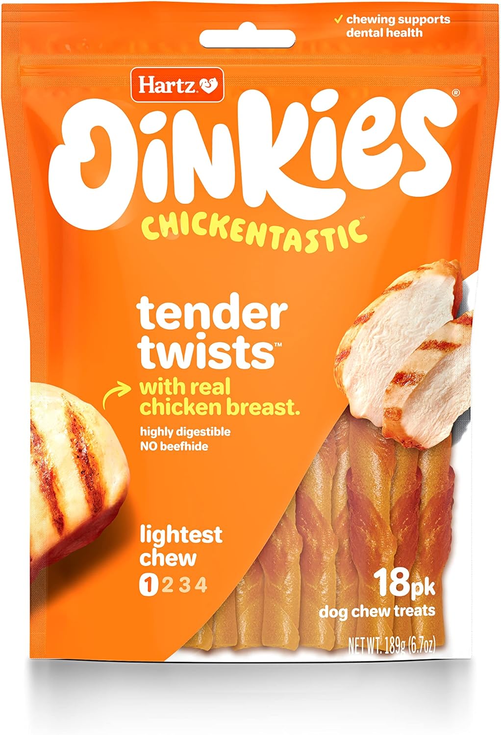 Hartz Oinkies Rawhide-Free Tender Treats Wrapped with Chicken Dog Treats Chews, 18 Count, Highly Digestible, No Artificial Flavors, Perfect for Smaller and Senior Dogs(Packaging May vary)