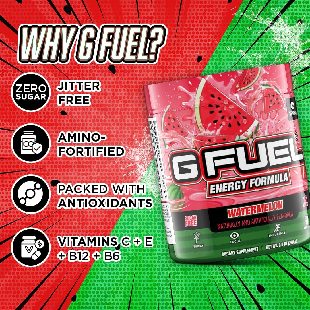 G Fuel Watermelon Energy Drink Powder, Pre Workout Caffeine Mix For Gaming, Sugar Free Focus Amino, Vitamin + Antioxidants, 9.9Oz (Watermelon, 40 Servings) : Health & Household