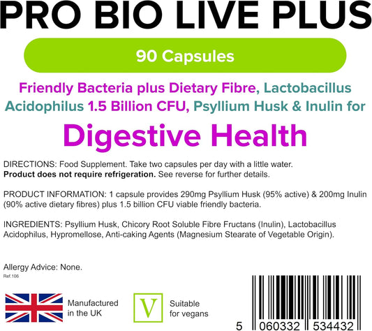 Lindens - Pro Bio Live Plus Dietary Fibre - 90 Capsules - Uk Made - Lactobacillus Acidophilus, 1.5 Billion Cfu With Psyllium Husk & Inulin, Healthy Digestion - Letterbox Friendly, Vegan