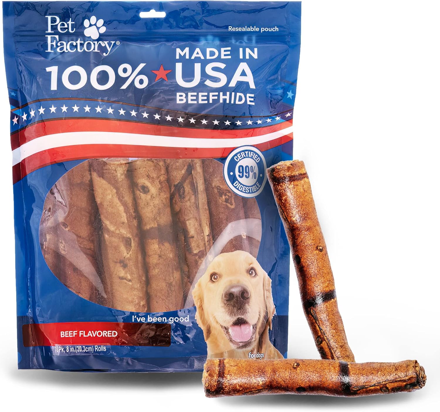Pet Factory 100% Made In Usa Beefhide 8" Rolls Dog Chew Treats - Beef Flavor, 15 Count/1 Pack