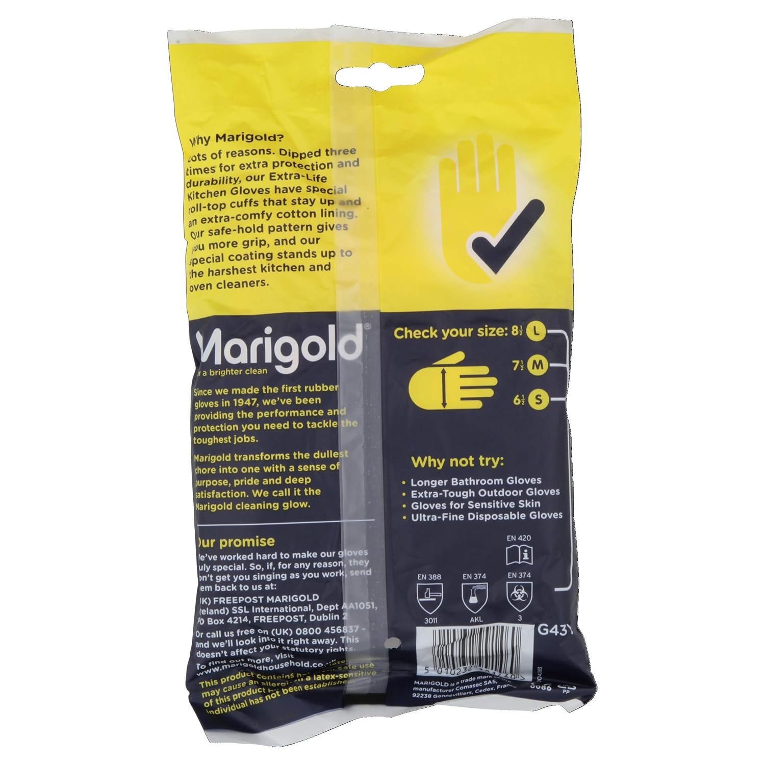 Marigold Unisex El Gloves-Large-1 Pair Marigold Extra Life Kitchen Gloves Large, Yellow, L (Pack Of 1) (Packaging May Vary)