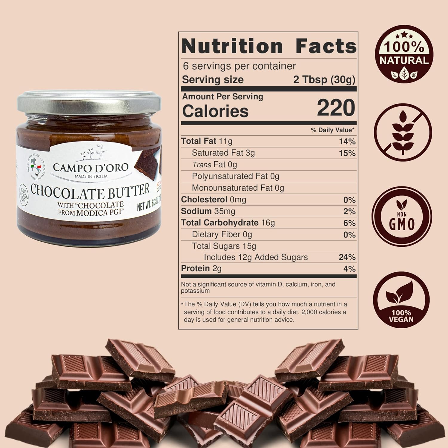 Premium Chocolate Spread, Dop Certified Modica Chocolate, Creamy, Buttery, No Palm Oil, From Sicily, Italy, 6.35Oz, Campo D'Oro