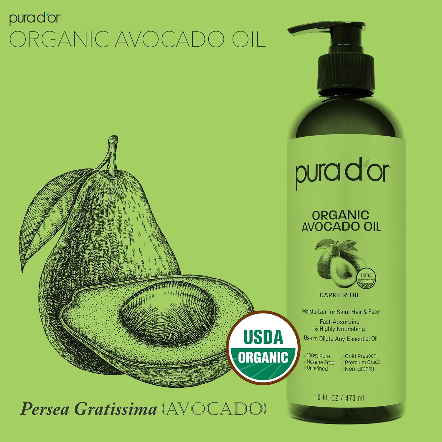 PURA D'OR 16 Oz ORGANIC Avocado Oil - 100% Pure & Natural USDA Certified Cold Pressed Carrier Oil For DIY Beauty, Non-Greasy, Unscented, Hexane Free Liquid Moisturizer - Face Skin & Hair - Men & Women : Beauty & Personal Care