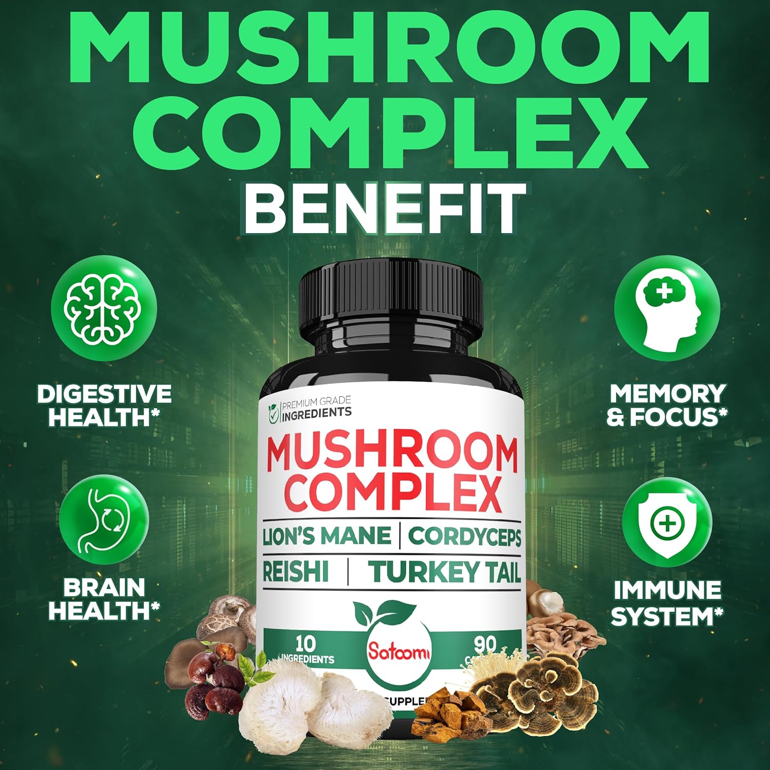 Satoomi 10In1 Lions Mane Supplement Complex - Blended With Cordyceps Sinensis, Reishi Mushroom, Turkey Tail Mushroom & Others - 90 Count For 3 Months : Health & Household