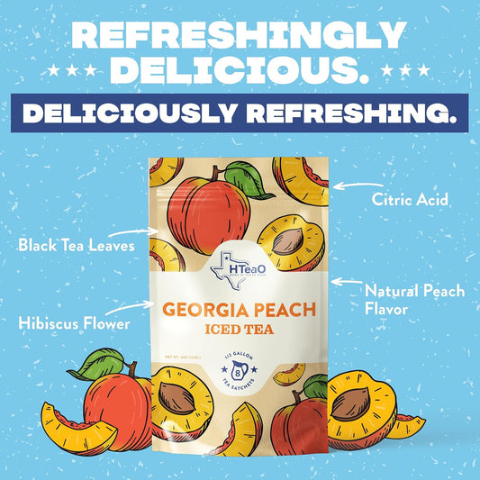 Hteao Georgia Peach Black Tea Sachets - 8 Gallons Per Package - Real Texas-Style Flavored Iced Tea In 5 Minutes (Pack Of 16 Sachet Bags)