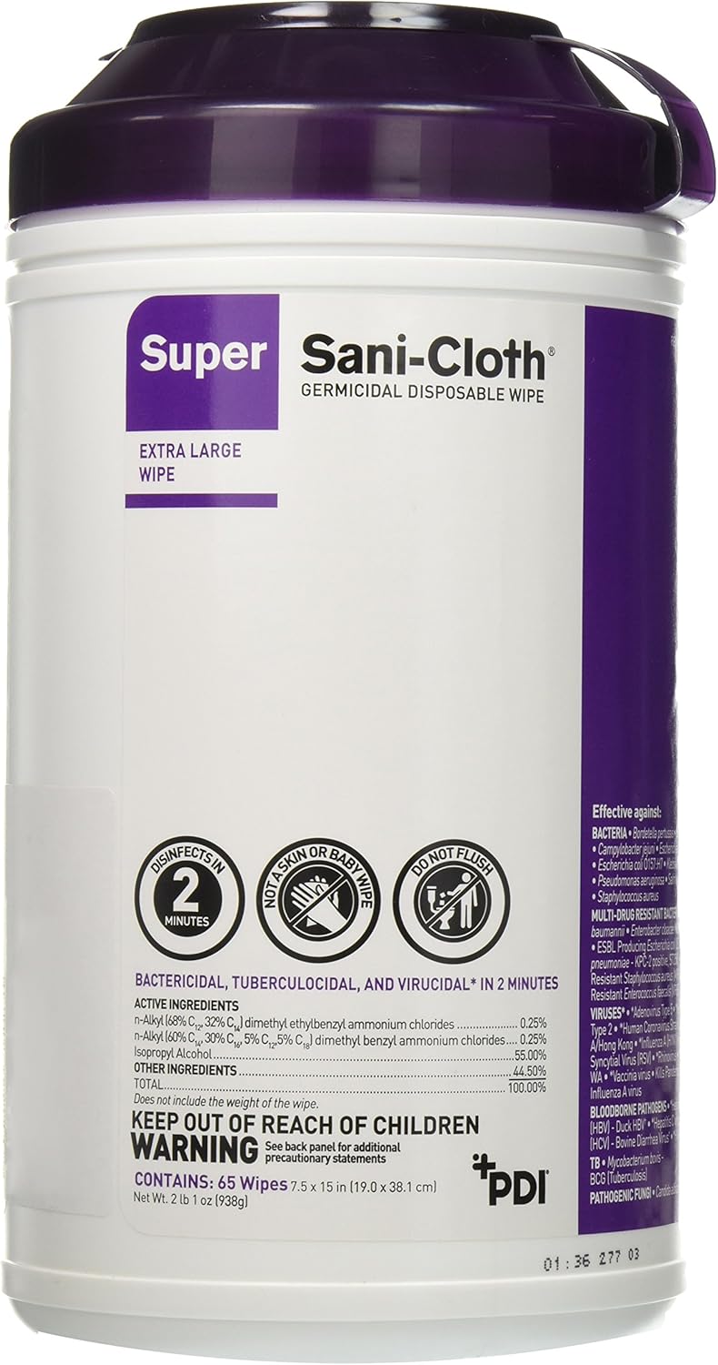 Pdi Super Sani-Cloth Germicidal Disposable Wipes, 7.5”X15", 65 Count : Health & Household