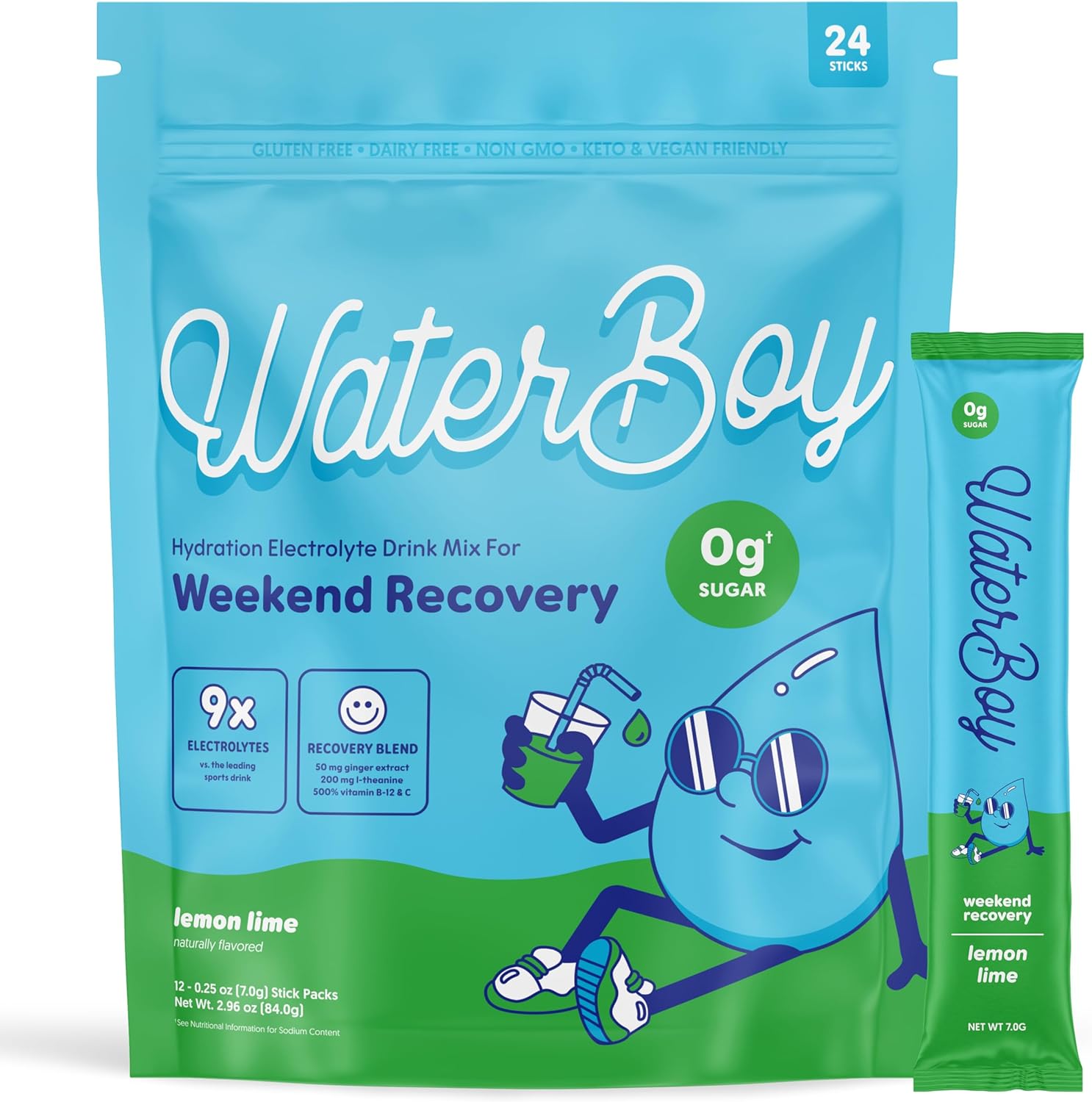 Waterboy Weekend Recovery | 3,200Mg Electrolyte Powder Packets | Ginger + L-Theanine + Vitamins | No Sugar, All Natural, Gluten Free | 24 Drink Stick Mixes (Lemon Lime)